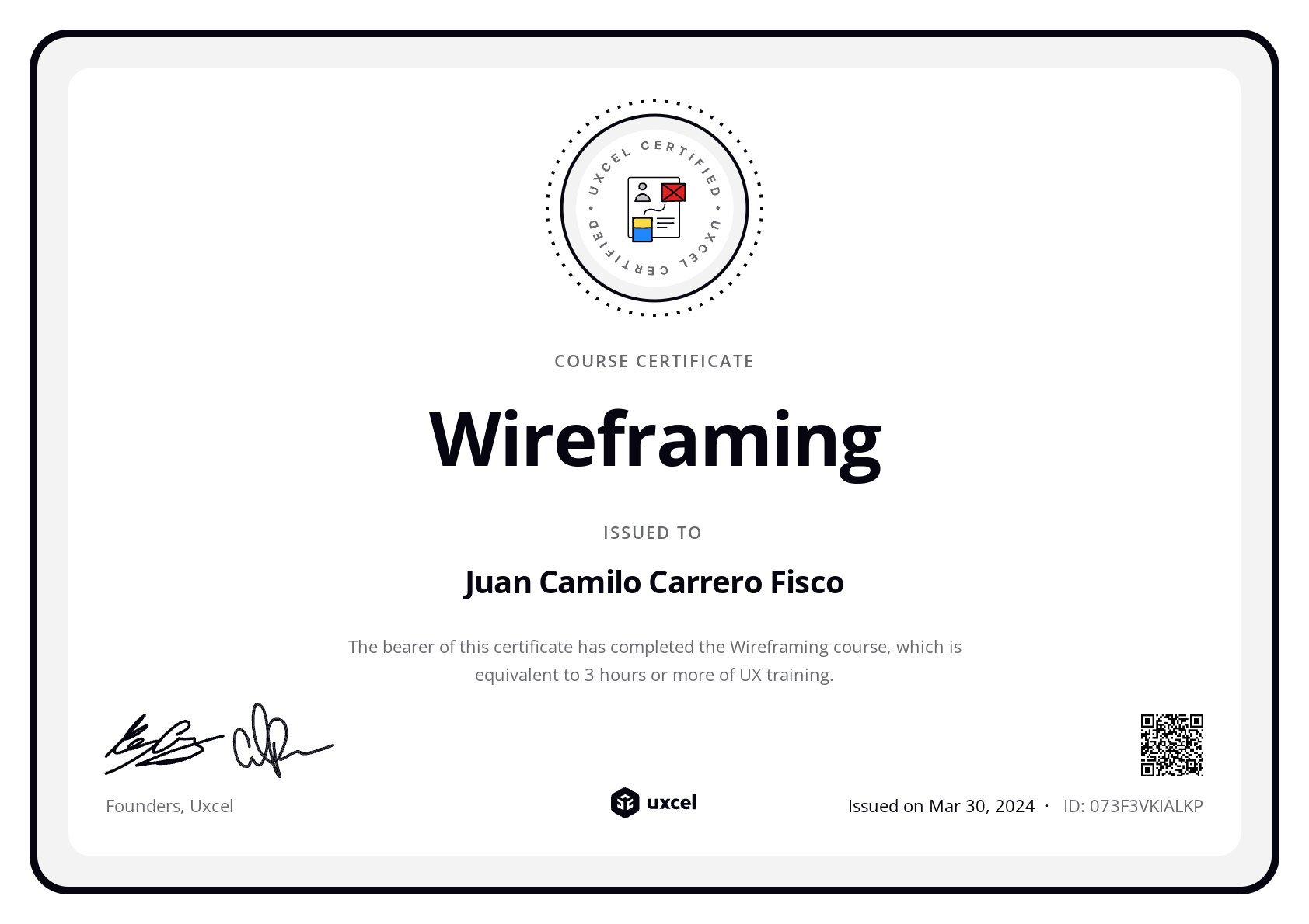 Juan Carrero's certificate